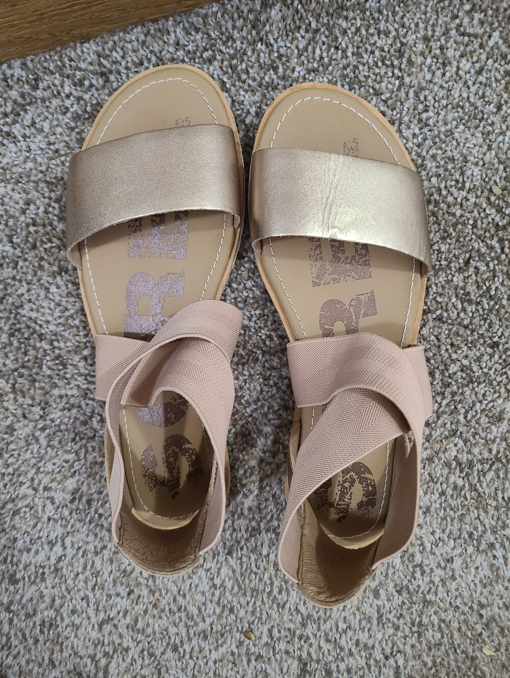 Sorel Ella II Metallic Gold Tan Leather Ankle Strap Flat Sandals - Picture 6 of 6